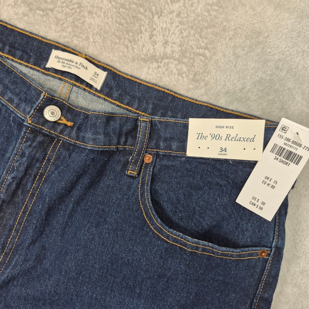 NWT 34 Short Abercrombie & Fitch The 90s Relaxed Jean High Rise Dark Wash Petite